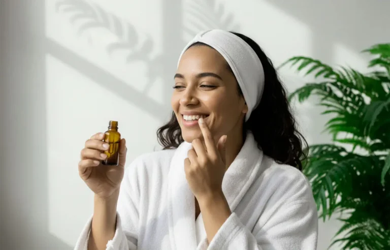 Mujer aplicando aceite facial antes de usar Gua Sha para un masaje facial suave y efectivo