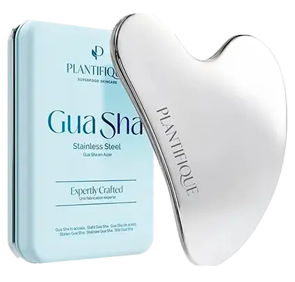 Piedra Gua Sha de acero inoxidable Plantifique con estuche metálico azul