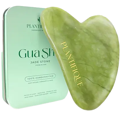 Piedra Gua Sha de jade verde Plantifique con estuche metálico