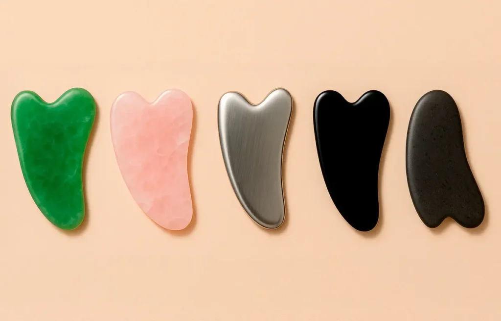 comparativa gua sha jade, cuarzo, acero inoxidable, obsidiana, piedra bian