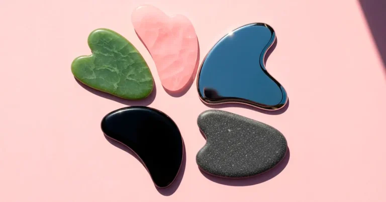Piedras Gua Sha de jade, cuarzo rosa, obsidiana, acero inoxidable y piedra Bian sobre fondo rosa
